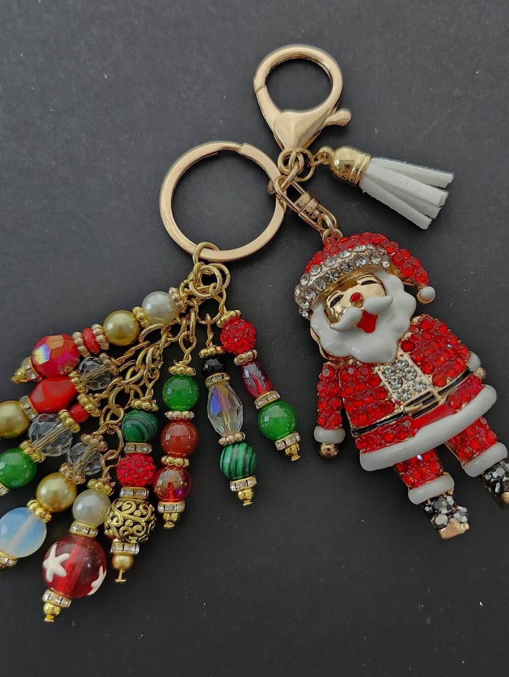 Santa Purse Charm or Keychain Rhinestone Malachite Carnelian Jade Handcrafted